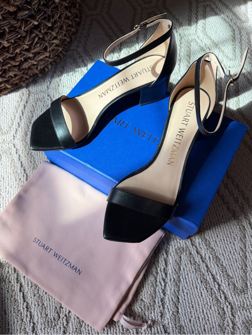 Stuart Weitzman Black Open-Toe Ankle-Strap Block Heels | NWT